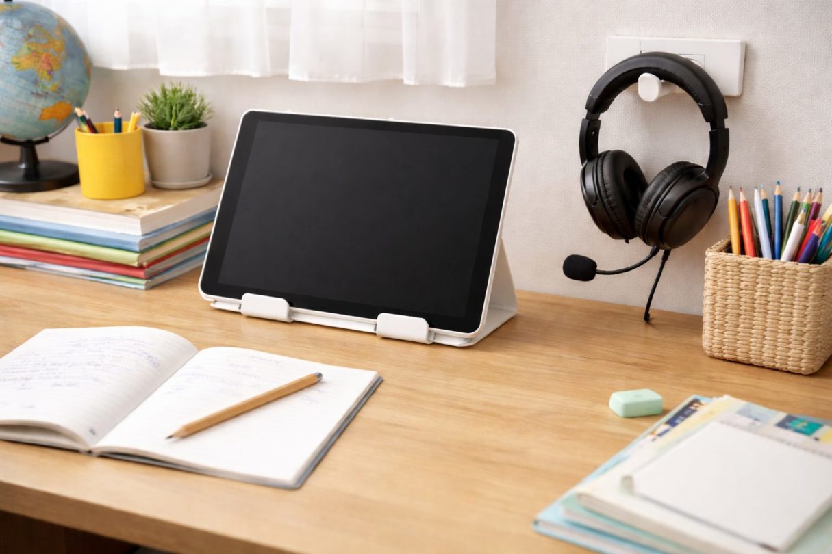 ネイティブキャンプ、スッキリ片付いた部屋でレッスンを始められる様子