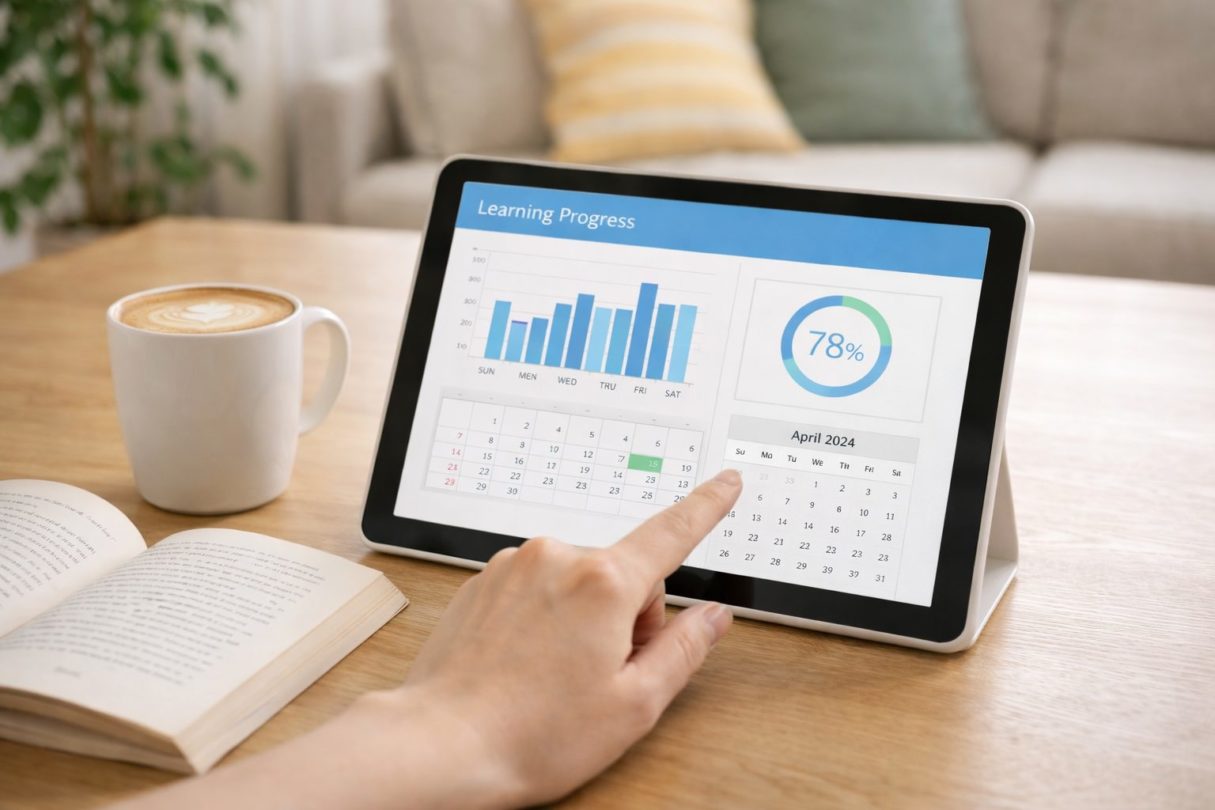 ネイティブキャンプ、タブレットで学習状況を見ている様子
