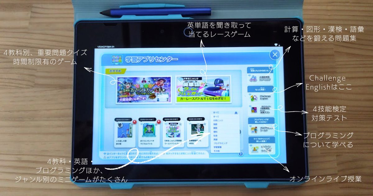 学習アプリセンターの画像。学習ゲームがずらりと並んでいる。