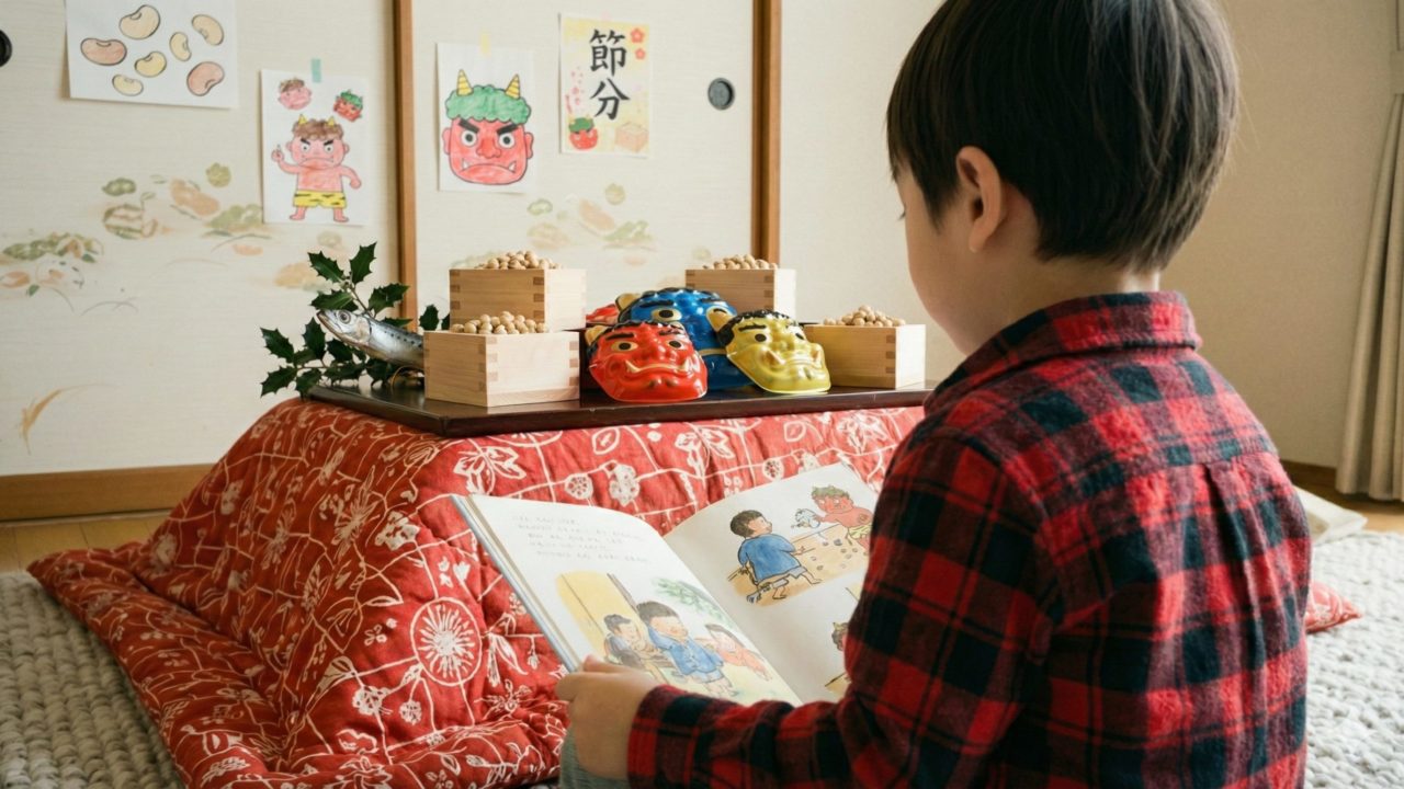 男の子が鬼の絵本を読んでいる、節分の読書風景の画像。
