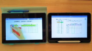 チャレンジタッチの「ペンを持つ手」の演出（左）と、スマイルゼミの「カラー枠」によるハイライト（右）を並べた、小4算数「整理のしかた」の解説画面比較