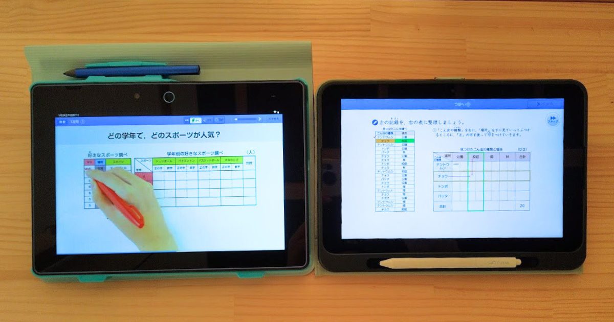 チャレンジタッチの「ペンを持つ手」の演出（左）と、スマイルゼミの「カラー枠」によるハイライト（右）を並べた、小4算数「整理のしかた」の解説画面比較