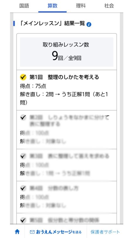 「お子さまの理解度」タブのメインレッスン結果