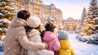 1月の極寒ディズニー旅行で、防寒着を着て雪の中、パークに近いホテルへ向かう子連れ家族の後ろ姿