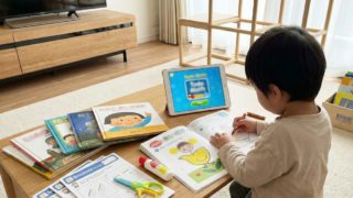 4歳児が机の上でワークをやっている様子