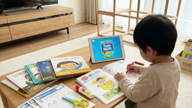 4歳児が机の上でワークをやっている様子