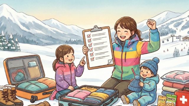 スキー場で荷造りしている面白いイラスト