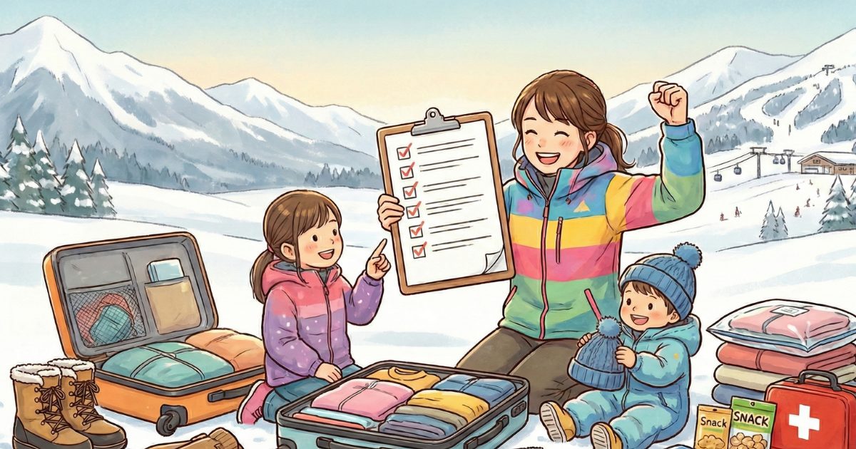 スキー場で荷造りしている面白いイラスト