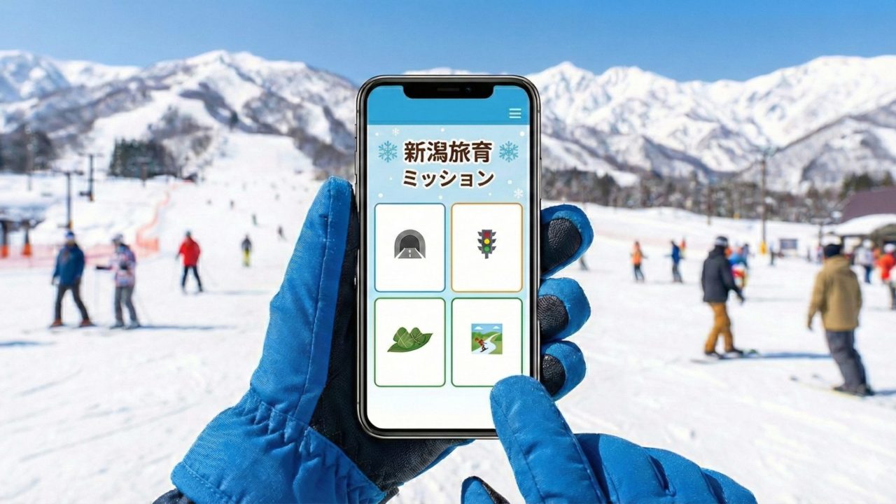 スキー場でスマホを開き、旅育ミッションを見ている様子の写真
