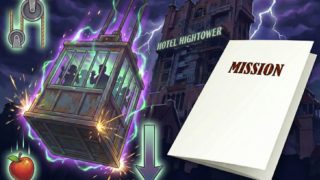 稲妻が光るホテルハイタワーと、急降下するエレベーターのイラスト。滑車、落下するリンゴ、下向き矢印のアイコンと、MISSIONと書かれた旅育ミッションシート