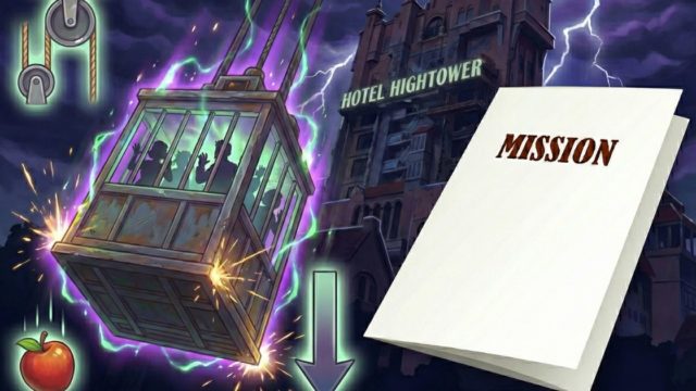 稲妻が光るホテルハイタワーと、急降下するエレベーターのイラスト。滑車、落下するリンゴ、下向き矢印のアイコンと、MISSIONと書かれた旅育ミッションシート