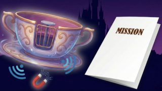 美女と野獣のアトラクション（魔法のカップ）と、磁石・電波のアイコン、MISSIONと書かれた旅育ミッションシートのイラスト