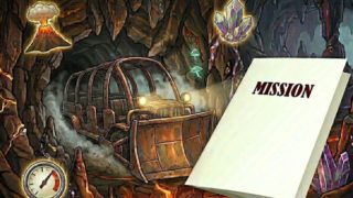 センター・オブ・ジ・アースの地底走行車とマグマのイラスト。水晶、火山、圧力計のアイコンと、MISSIONと書かれた旅育ミッションシート。