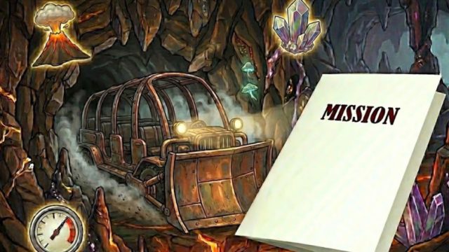 センター・オブ・ジ・アースの地底走行車とマグマのイラスト。水晶、火山、圧力計のアイコンと、MISSIONと書かれた旅育ミッションシート。