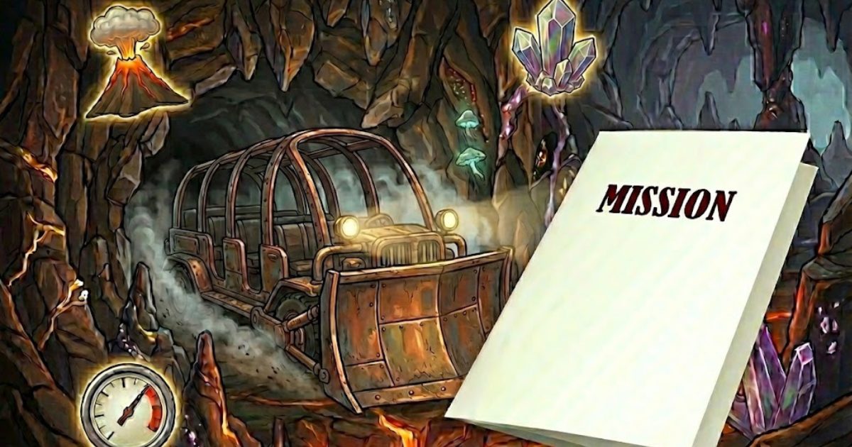 センター・オブ・ジ・アースの地底走行車とマグマのイラスト。水晶、火山、圧力計のアイコンと、MISSIONと書かれた旅育ミッションシート。