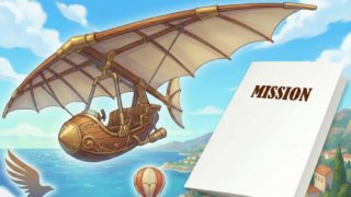 ソアリンのアトラクション（空飛ぶ乗り物）と、鳥・熱気球のアイコン、MISSIONと書かれた旅育ミッションシートのイラスト