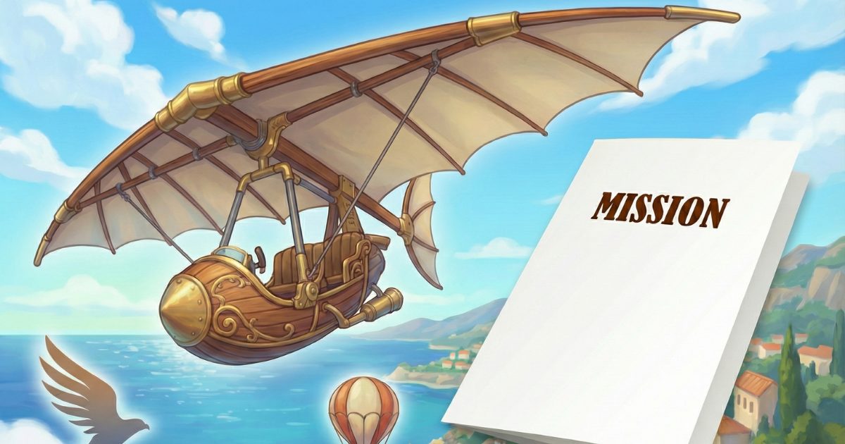 ソアリンのアトラクション（空飛ぶ乗り物）と、鳥・熱気球のアイコン、MISSIONと書かれた旅育ミッションシートのイラスト